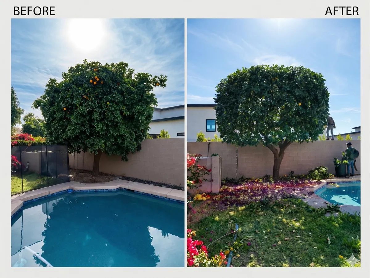 Before and after of a backyard citrus tree shaped and balanced by Happy Tree Guys