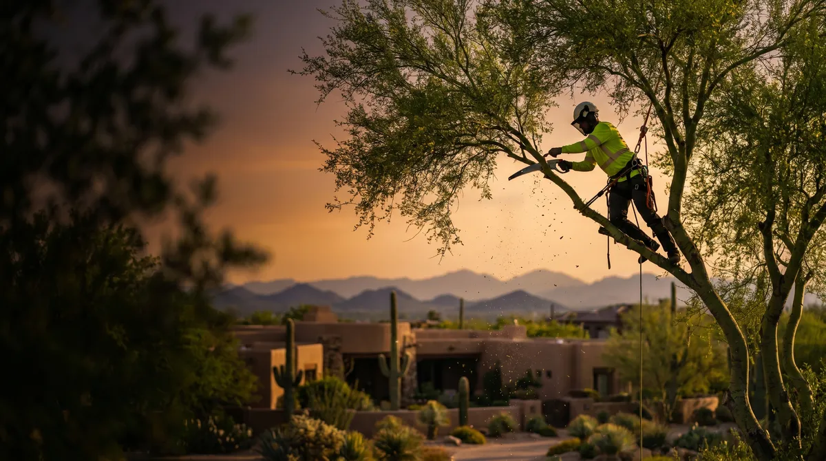 ISA certified arborist trimming a palo verde tree at golden hour in Scottsdale, Arizona